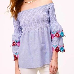 LOFT Off-Shoulder Blue Top with Embroidered Accents, size XL